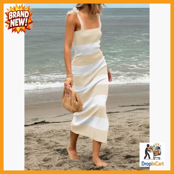 Sleeveless Bodycon Sweater Dress Striped Knit Tie Square Neck Side Slit Midi - Picture 2 of 7